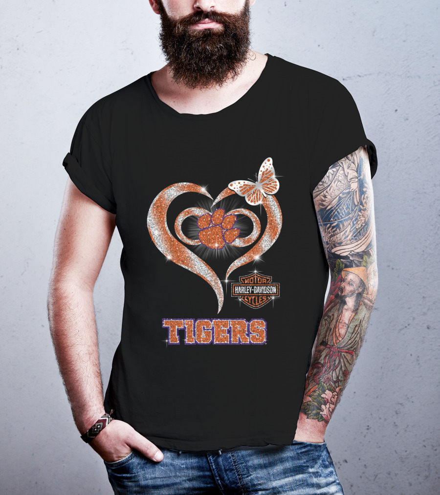 Clemson Tigers Harley Davidson Heart With Paw Print And Butterfly T-Shirt