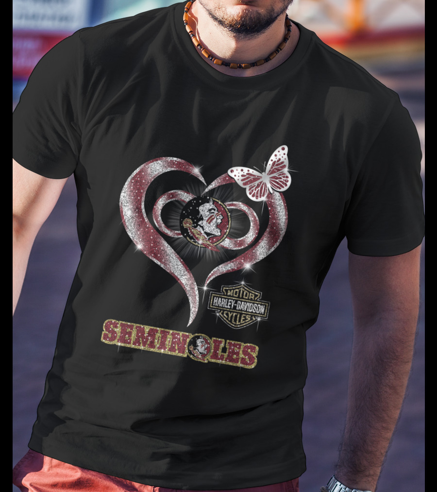 Seminoles Heart With Harley Davidson And Butterfly Motif T-Shirt
