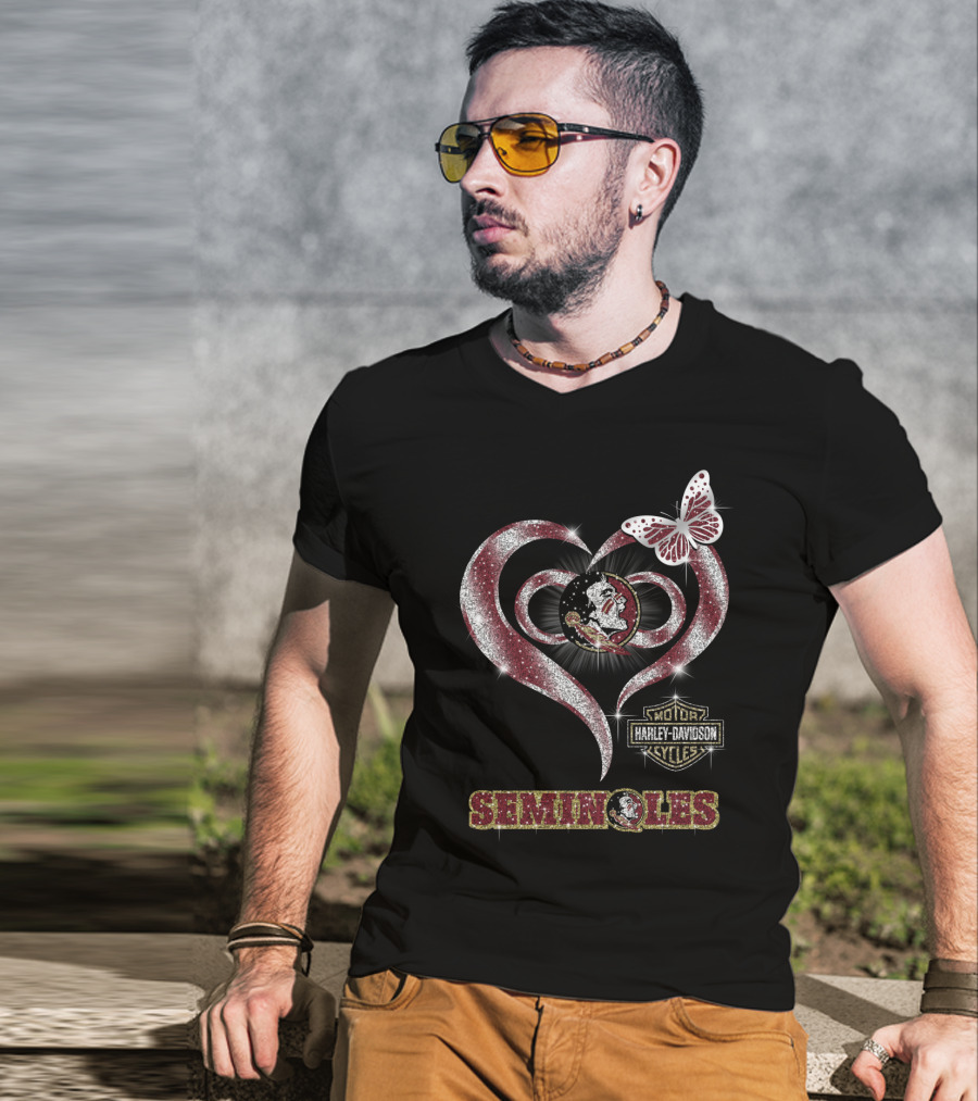 Seminoles Heart With Harley Davidson And Butterfly Motif T-Shirt