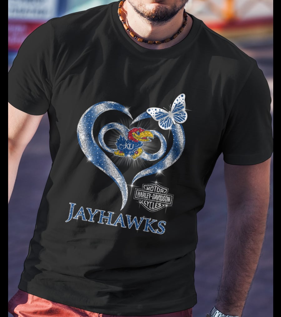 Ku Kansas Jayhawks Harley Davidson Heart Butterfly T-Shirt