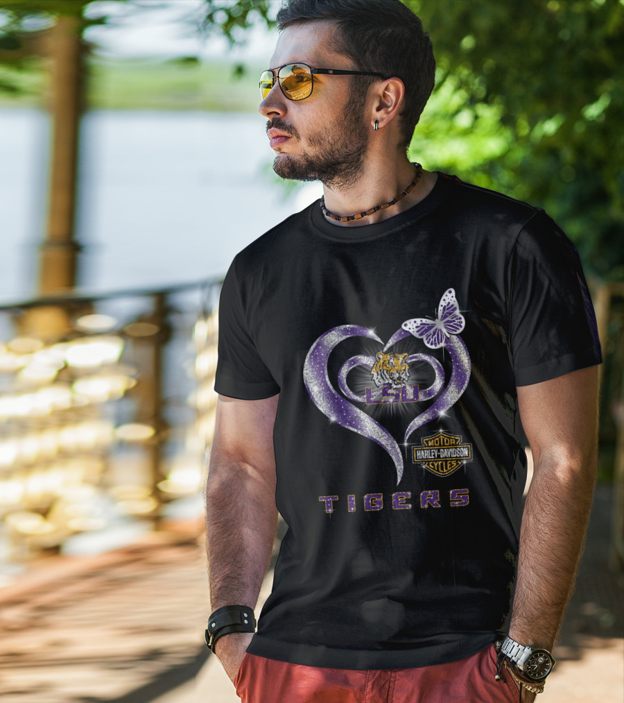 Lsu Tigers Harley Davidson Heart Butterfly T-Shirt