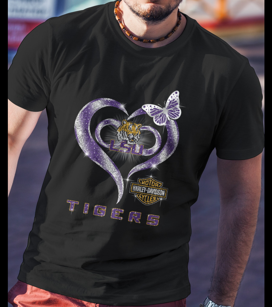 Lsu Tigers Harley Davidson Heart Butterfly T-Shirt