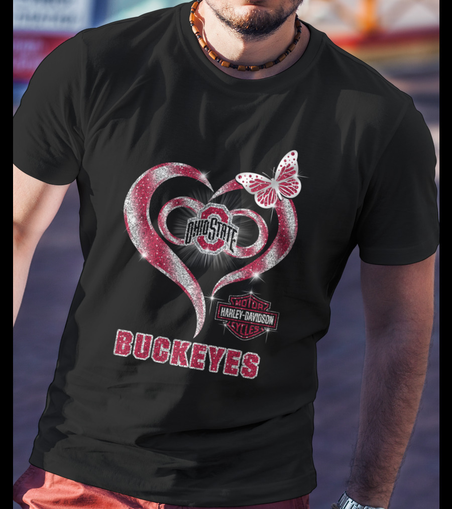 Ohio State Buckeyes Harley Davidson Heart Butterfly T-Shirt