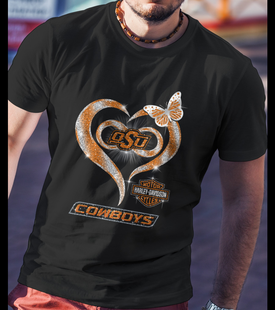 Osu Cowboys Heart Harley Davidson Sparkle Butterfly T-Shirt