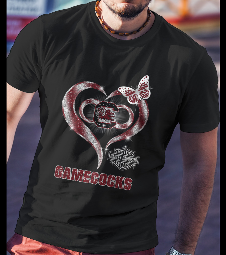 Harley Davidson Gamecocks Heart Butterfly Logo South Carolina T-Shirt
