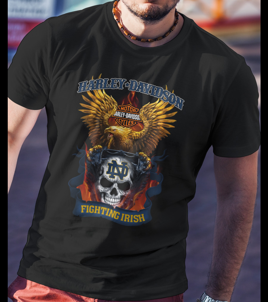 Harley Davidson Eagle Notre Dame Fighting Irish Skull T-Shirt