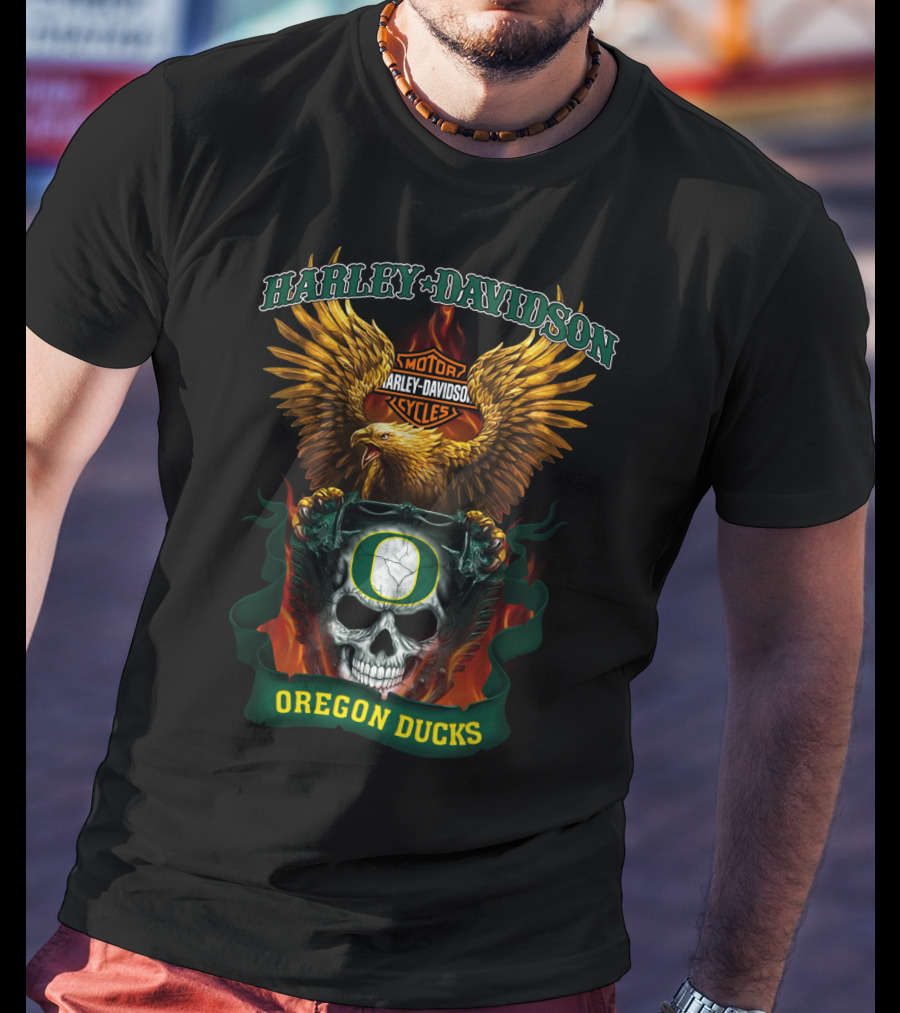 Harley Davidson Oregon Ducks Skull And Eagle T-Shirt