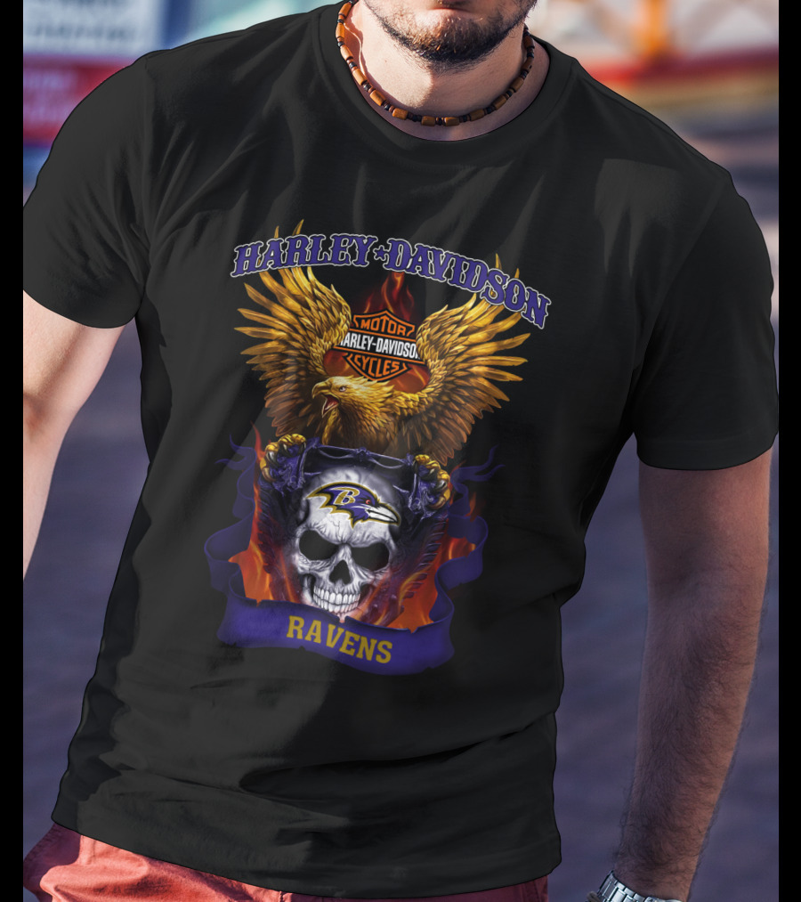 Harley Davidson Motorcycles Baltimore Ravens Eagles Skull T-Shirt