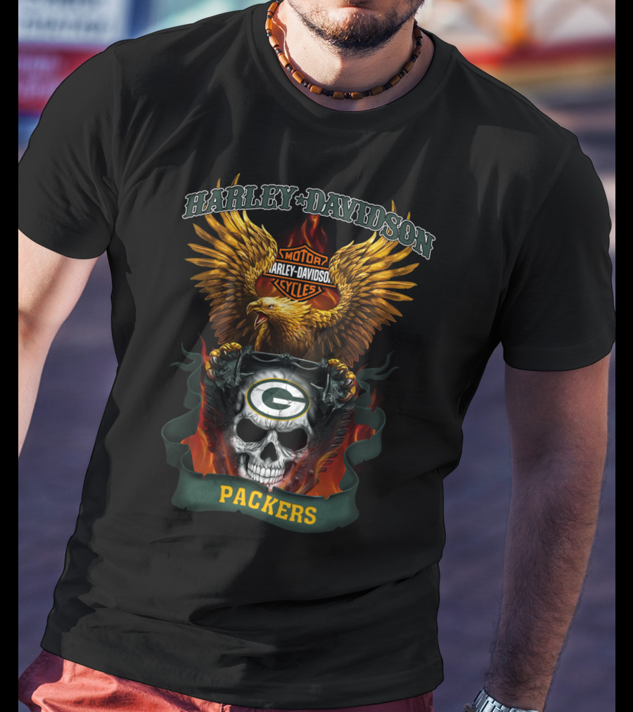 Harley Davidson Motorcycles Green Bay Packers Eagle Skull T-Shirt