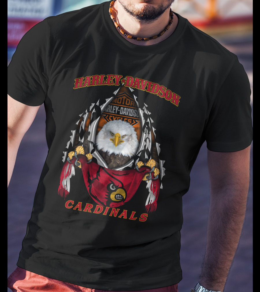Harley Davidson Ncaa Louisville Cardinals Motor Cycles Eagle Red Sleeve T-Shirt