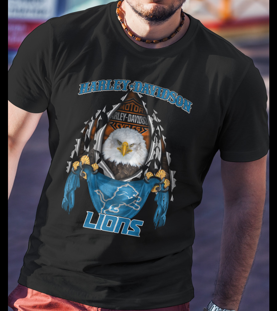 Harley Davidson Motor Cycles Eagle Detroit Lions T-Shirt