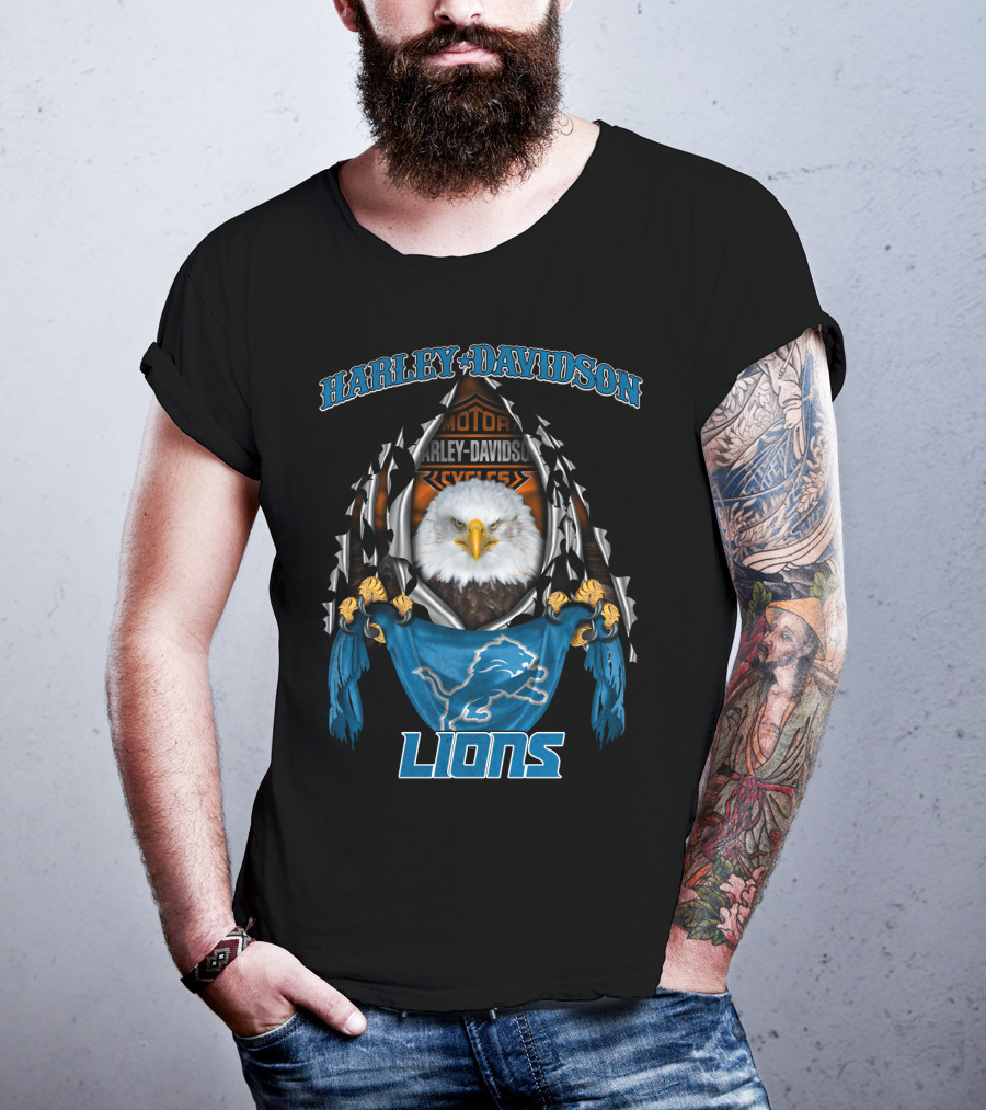 Harley Davidson Motor Cycles Eagle Detroit Lions T-Shirt
