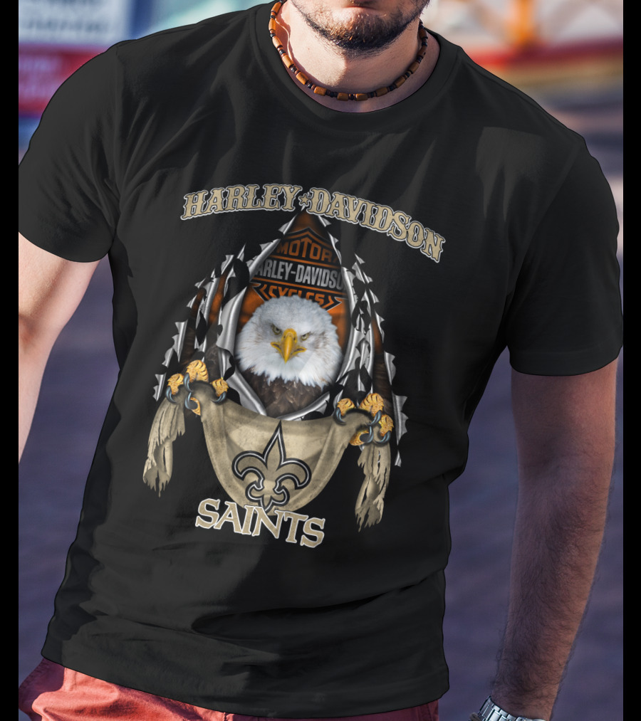 Harley Davidson Saints Fleur-De-Lis With Eagle And Motorcycle T-Shirt