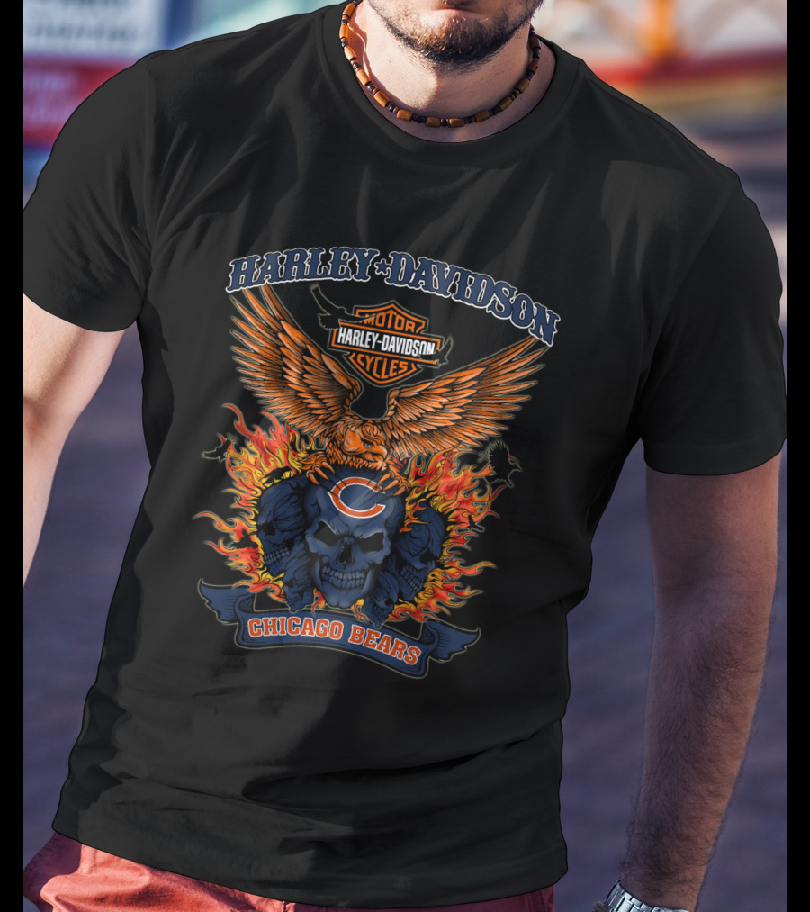 Harley Davidson Motor Cycles Chicago Bears Flame Skull T-Shirt