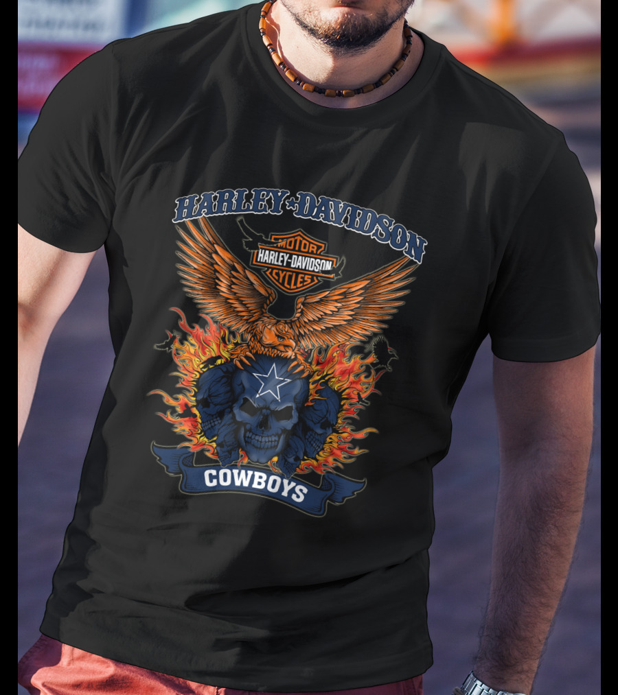Harley Davidson Motorcycles Cowboys Skull Flames Eagle T-Shirt