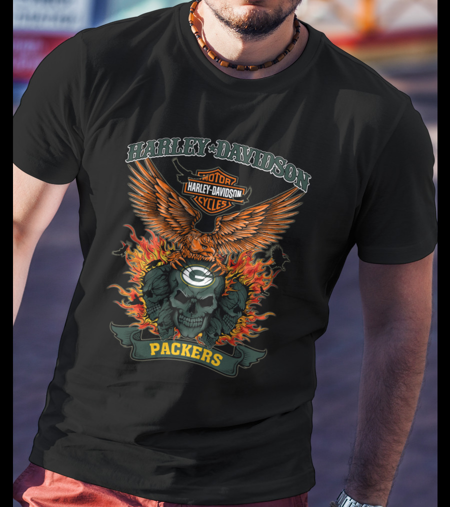 Harley Davidson Motor Cycles Packers Eagle And Skull Fire 0304 Nfl Green Bay T-Shirt