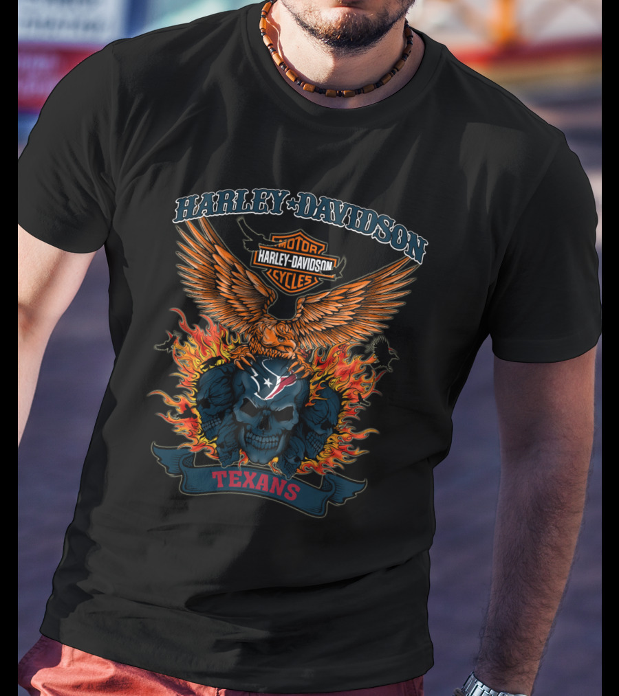 Harley Davidson Motorcycles Texans Skull Flame Eagle 0304 Nfl Houston T-Shirt