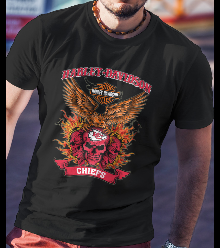 Harley Davidson Motor Cycles Kansas City Chiefs Skull Eagle Flames T-Shirt