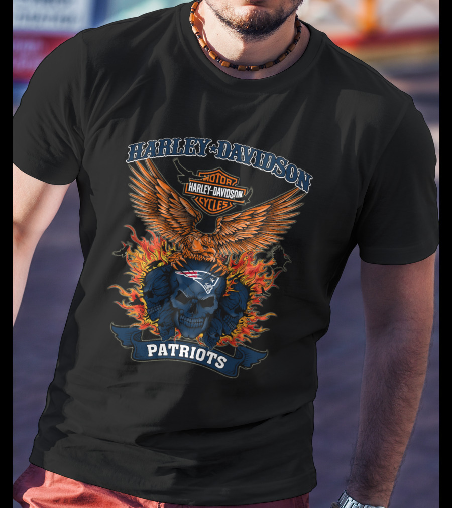 Harley Davidson Motor Cycles Patriots New England Nfl Skull Fire Wings T-Shirt