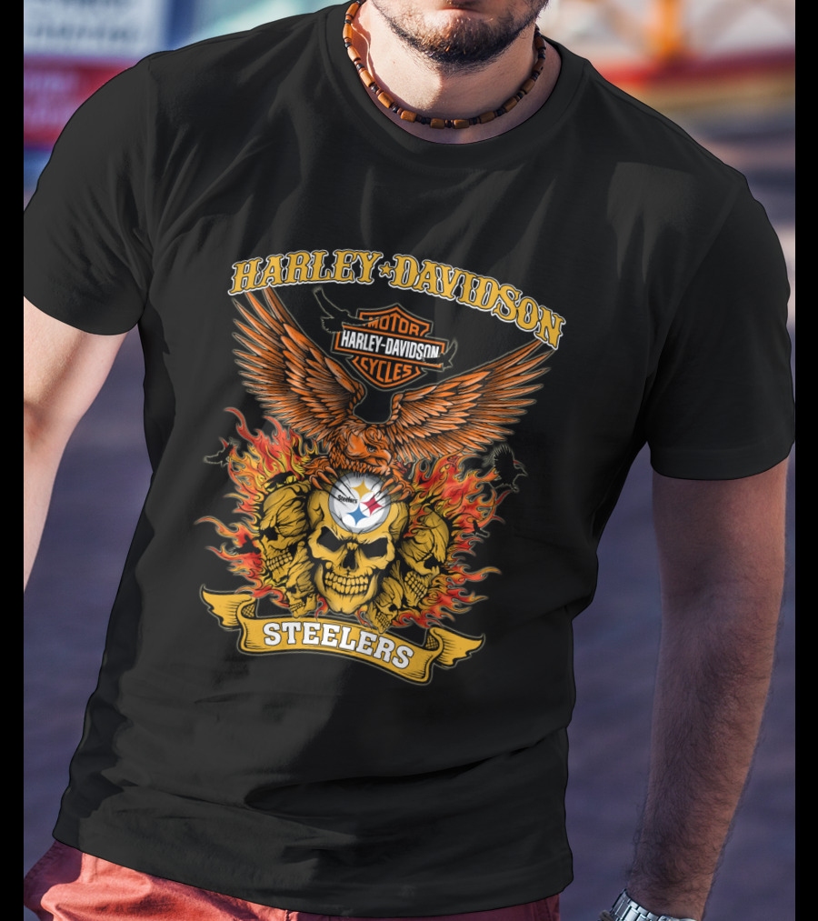 Harley Davidson Motorcycles Steelers Skull With Fire And Eagle 0304 Nfl Pittsburgh Steelers T-Shirt