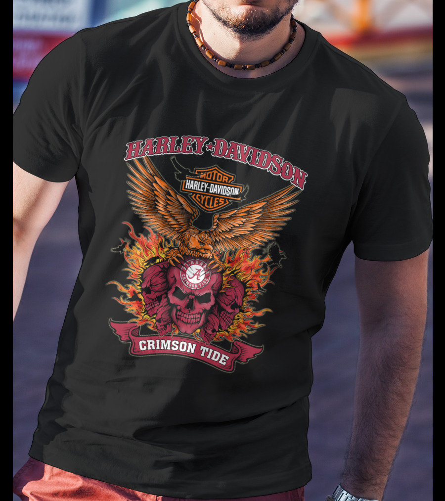 Harley Davidson Alabama Crimson Tide Motor Cycles Eagle Skull Flames T-Shirt