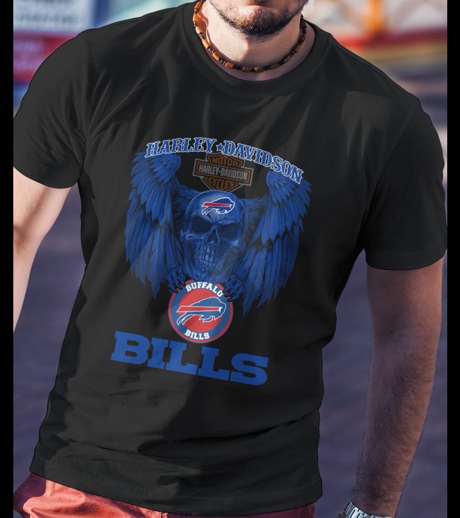 Harley Davidson Buffalo Bills Nfl Skull And Wings T-Shirt