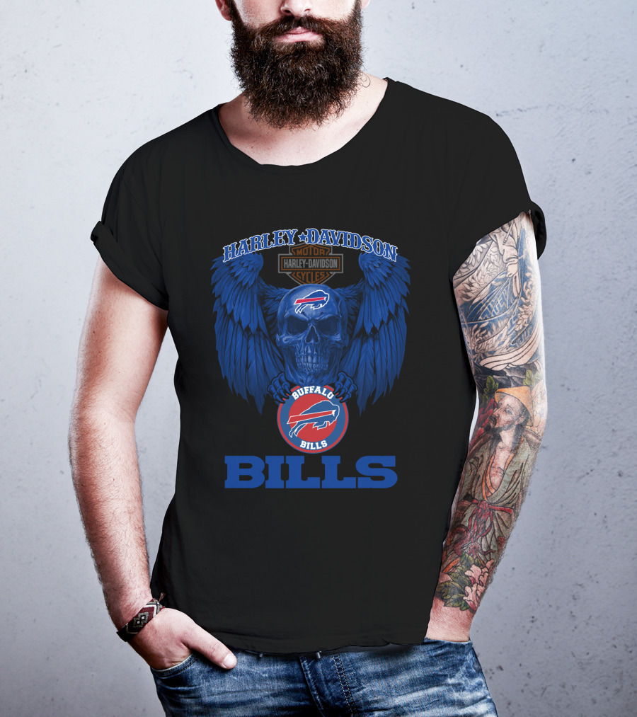 Harley Davidson Buffalo Bills Nfl Skull And Wings T-Shirt