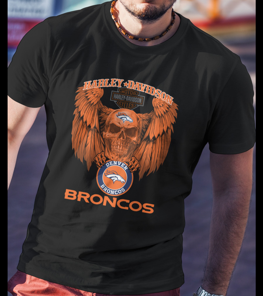 Harley Davidson Denver Broncos Nfl Skull Wings T-Shirt