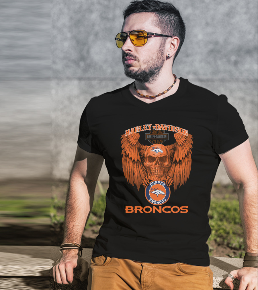 Harley Davidson Denver Broncos Nfl Skull Wings T-Shirt