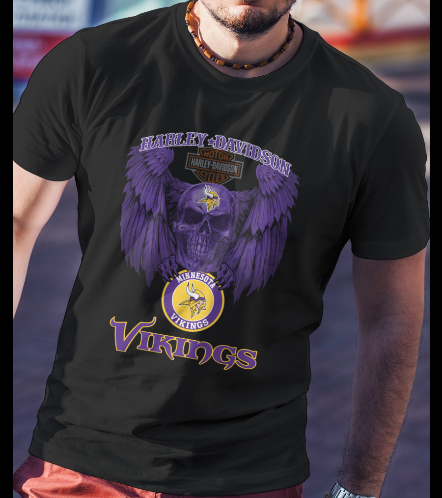 Harley Davidson Minnesota Vikings Motorcycles Purple Skull Wings T-Shirt
