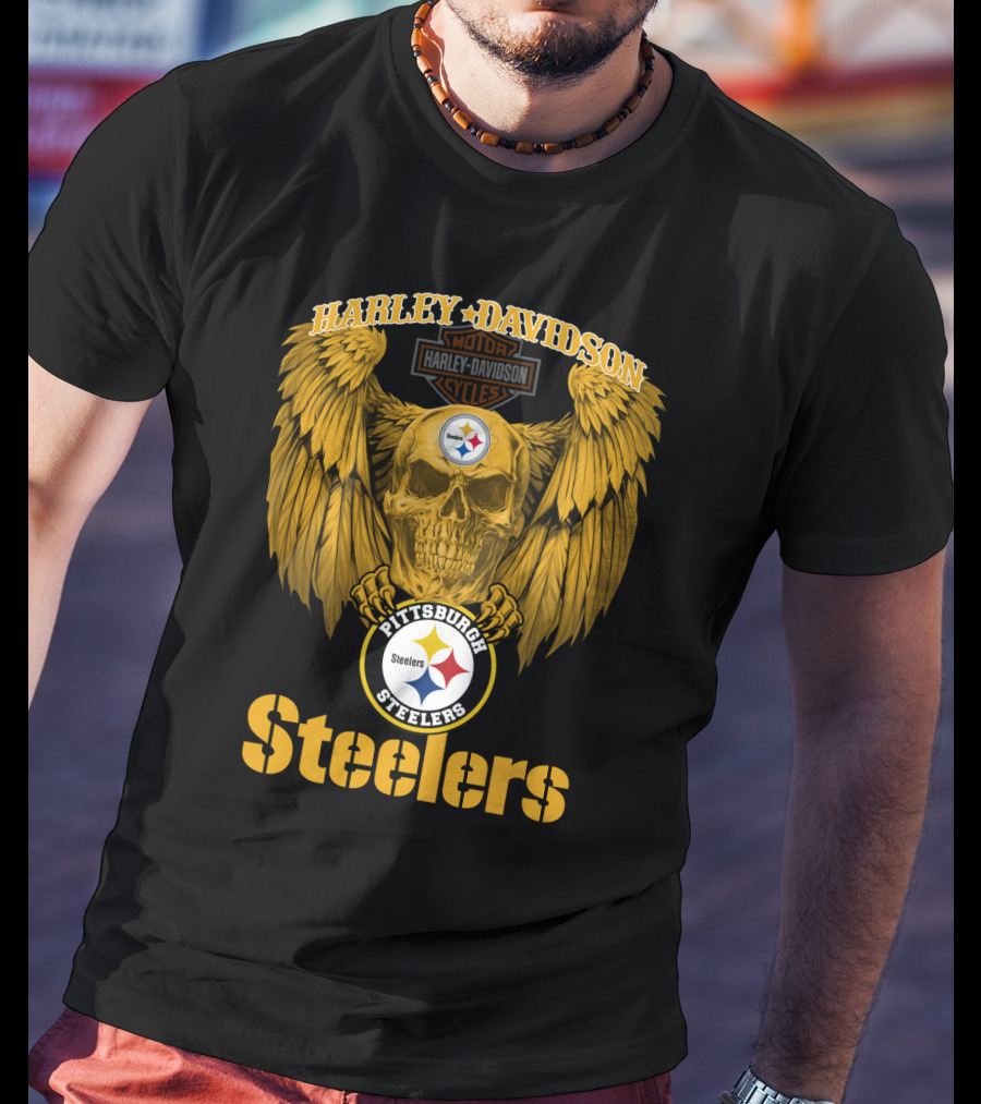 Harley Davidson Pittsburgh Steelers Skull Motor Cycles Winged T-Shirt