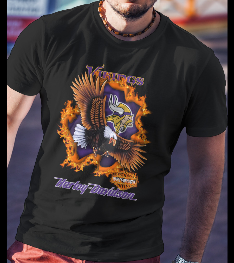 Vikings Harley Davidson Bald Eagle Fire T-Shirt