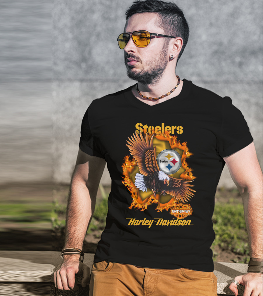 Steelers Harley Davidson Eagle And Flames T-Shirt