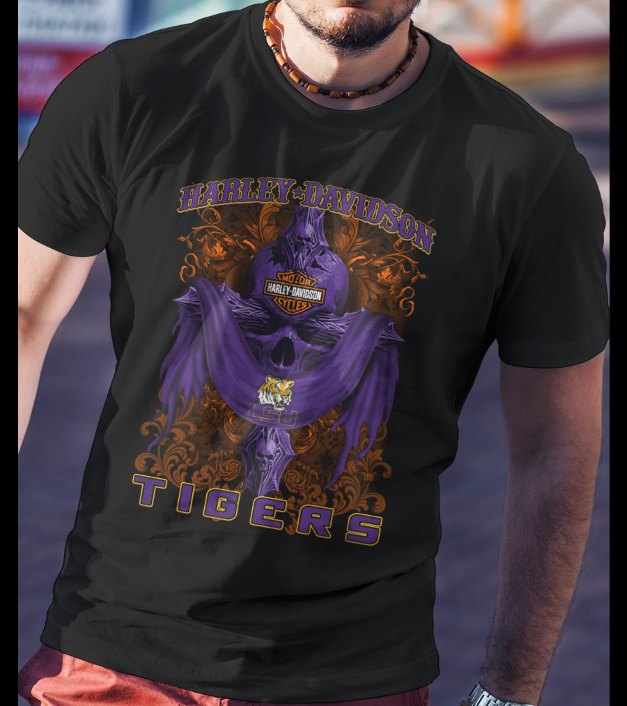 Harley Davidson Lsu Tigers Motorcycle Cycles Skull T-Shirt