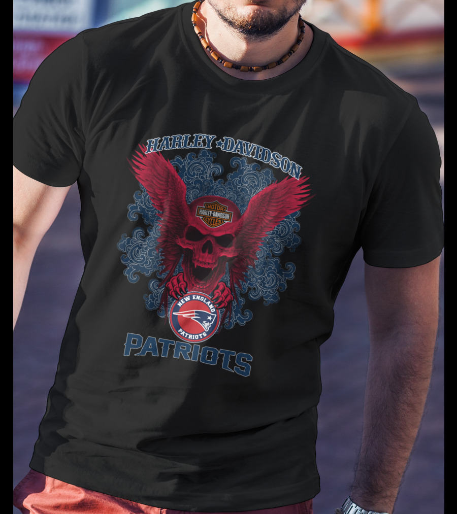 Harley Davidson New England Patriots Nfl Skulls And Wings T-Shirt