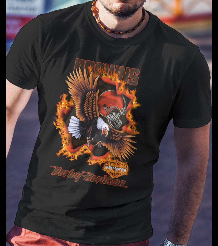 Browns Harley Davidson Nfl 84 Cleveland Browns Eagle Helmet Flames T-Shirt