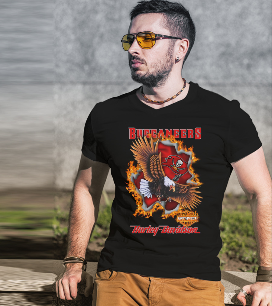Harley Davidson Buccaneers Tampa Bay Nfl Eagle Logo Fire T-Shirt