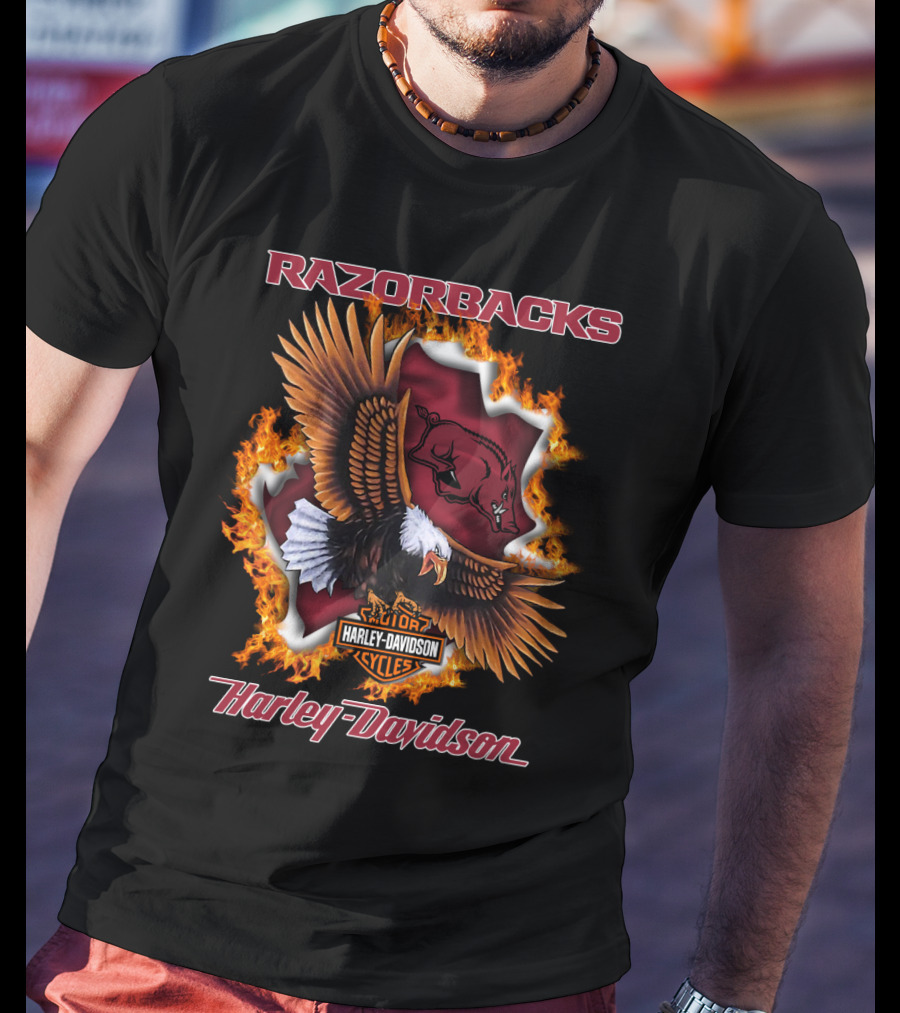 Razorbacks Harley Davidson Cycles Eagle And Flame T-Shirt
