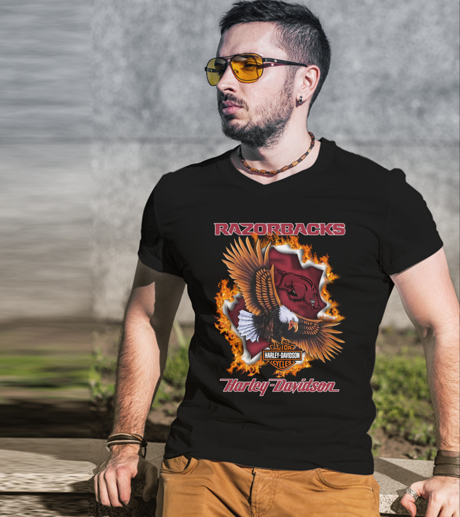 Razorbacks Harley Davidson Cycles Eagle And Flame T-Shirt