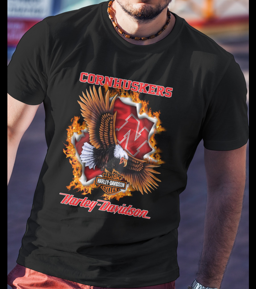 Cornhuskers Harley Davidson Ncaa Nebraska Eagles Flame T-Shirt