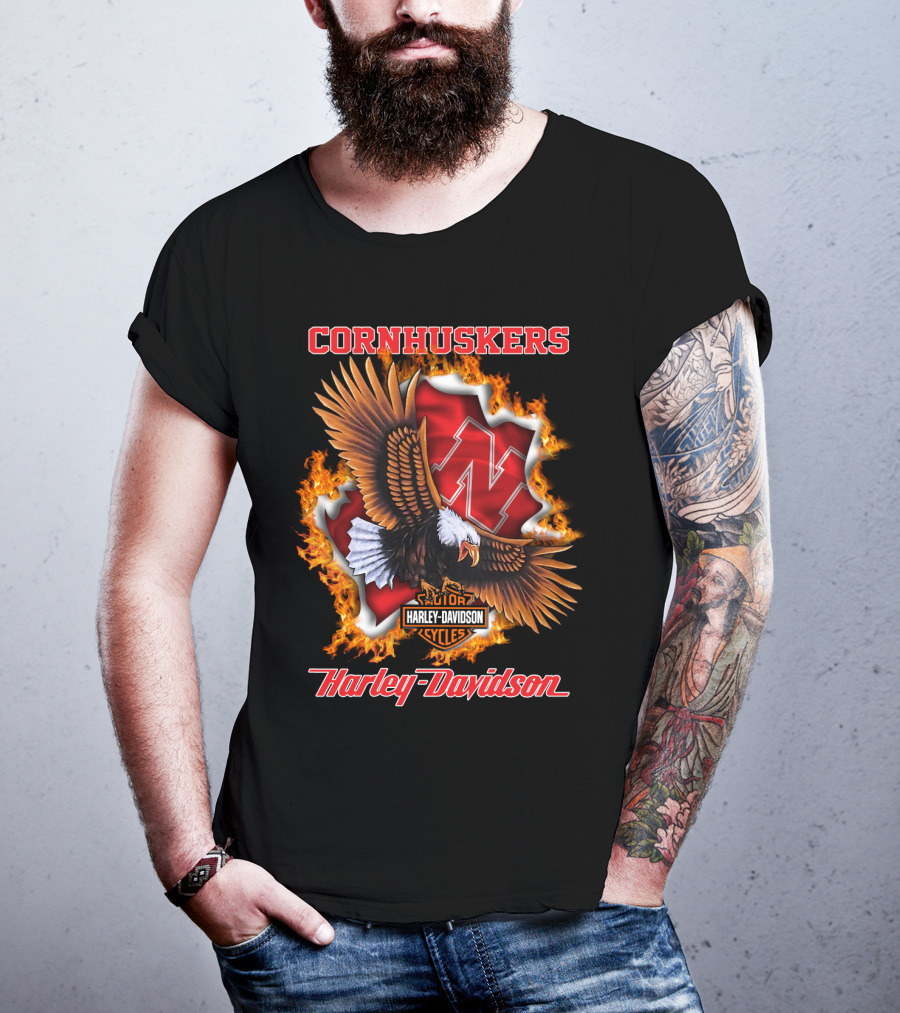 Cornhuskers Harley Davidson Ncaa Nebraska Eagles Flame T-Shirt