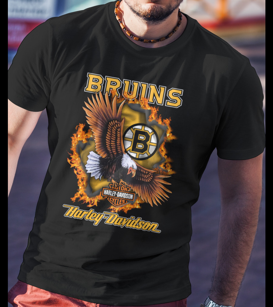 Boston Bruins Harley Davidson Cycles Eagle Flames T-Shirt