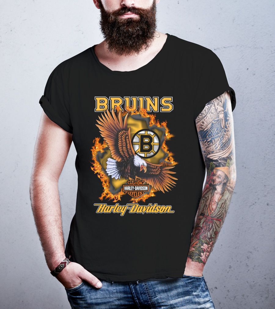 Boston Bruins Harley Davidson Cycles Eagle Flames T-Shirt