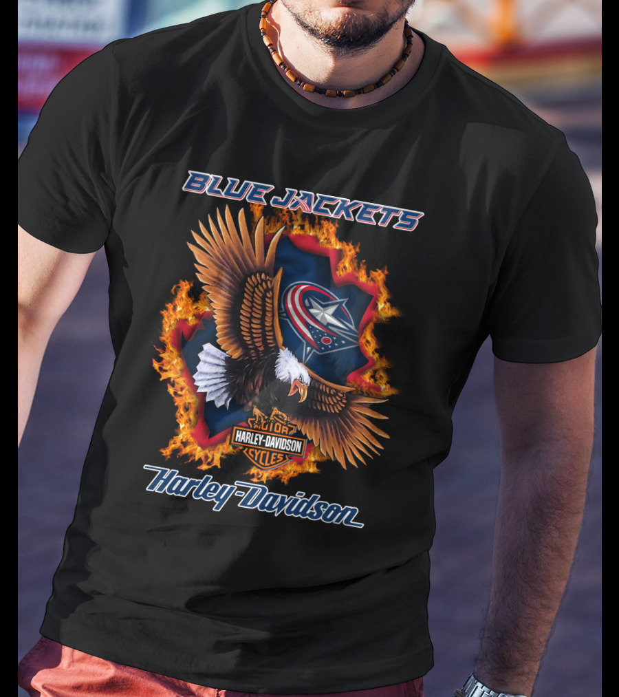 Blue Jackets Harley Davidson Columbus Nhl Cycles Eagle Flame T-Shirt
