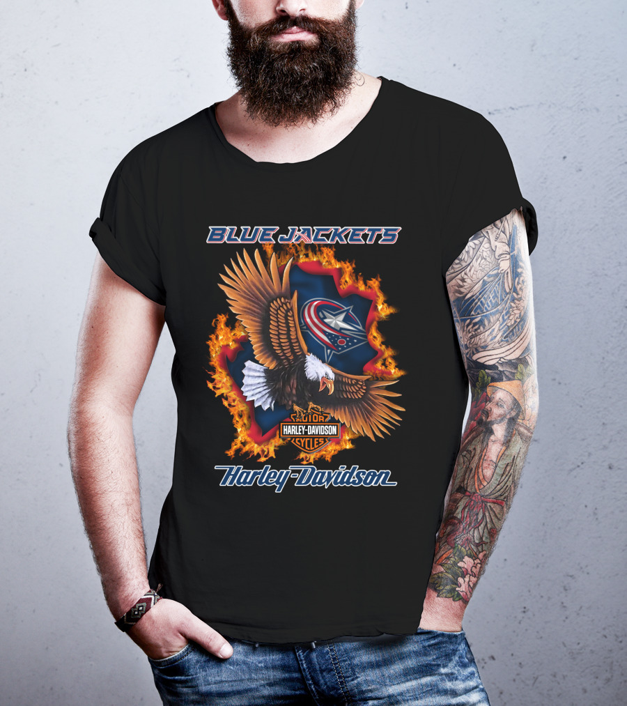 Blue Jackets Harley Davidson Columbus Nhl Cycles Eagle Flame T-Shirt