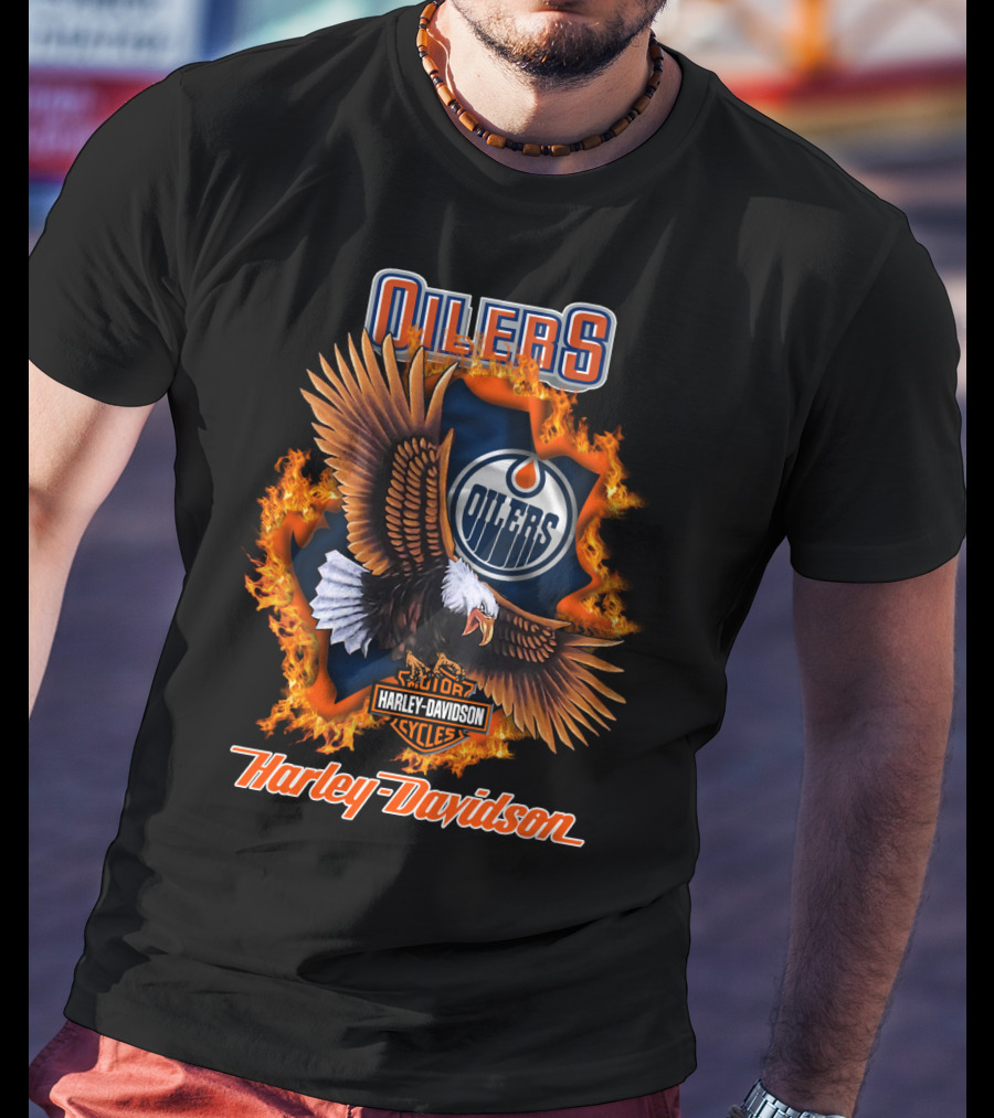 Oilers Edmonton Oilers Harley Davidson Cycles Eagle Flame T-Shirt