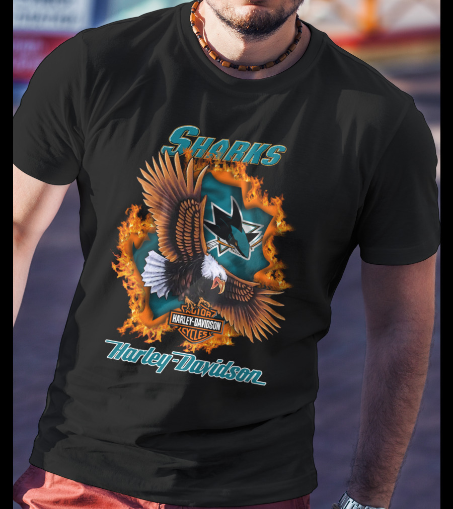 San Jose Sharks Harley Davidson Cycles Eagle Flame T-Shirt