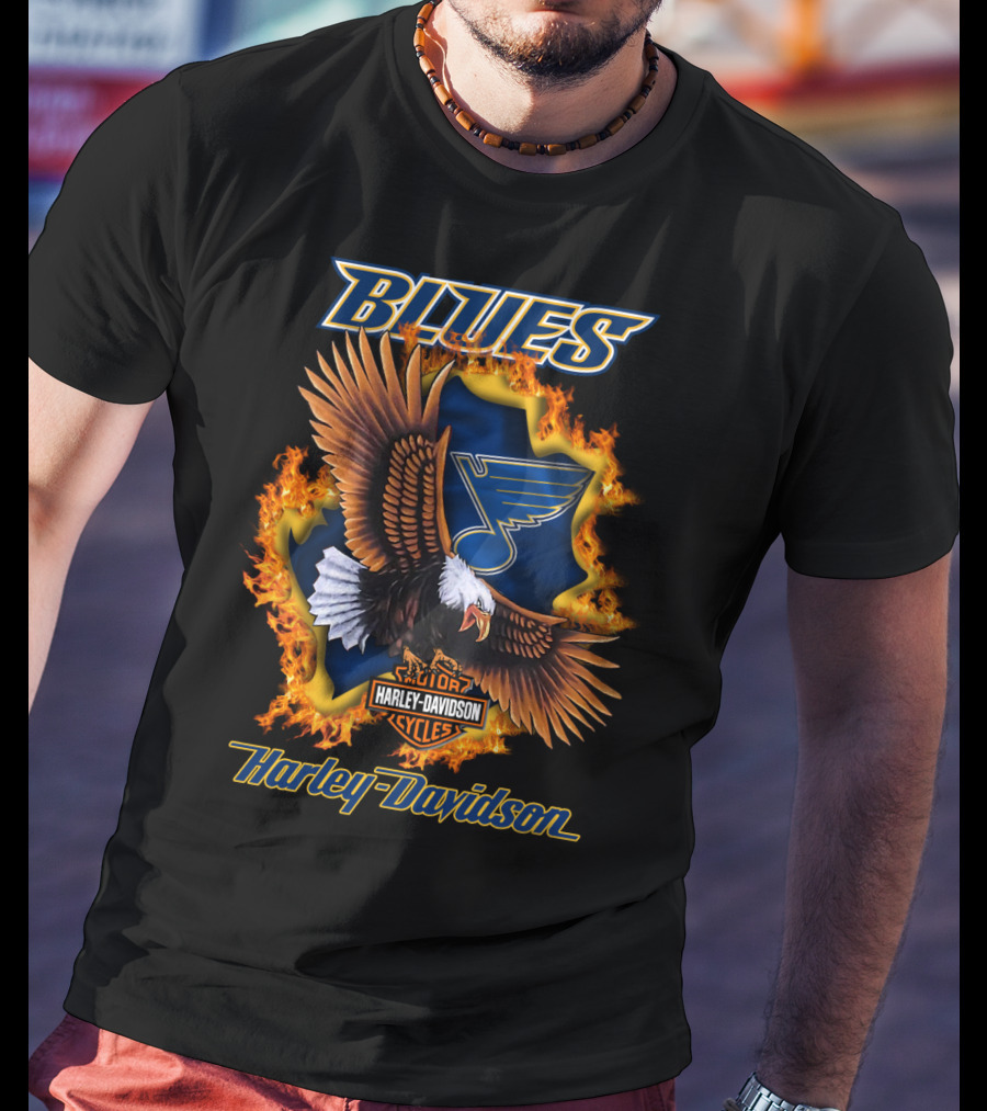 St Louis Blues Harley Davidson Cycles Nhl Eagle Blaze T-Shirt