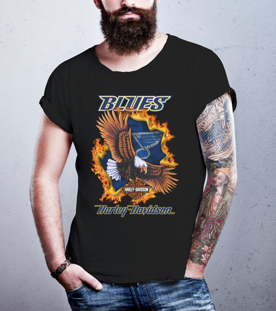 St Louis Blues Harley Davidson Cycles Nhl Eagle Blaze T-Shirt
