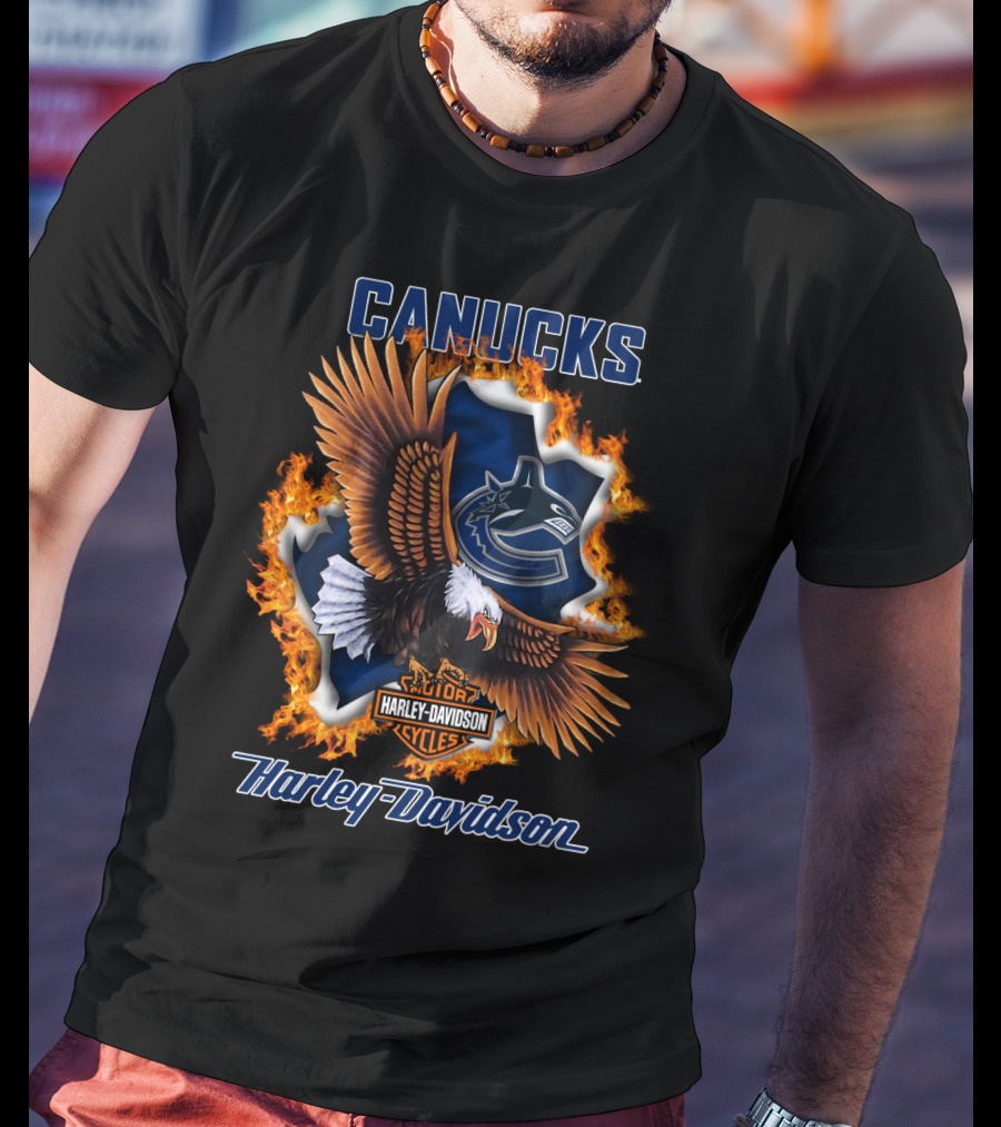 Canucks Harley Davidson Nhl Vancouver Cycles Eagle Flame T-Shirt